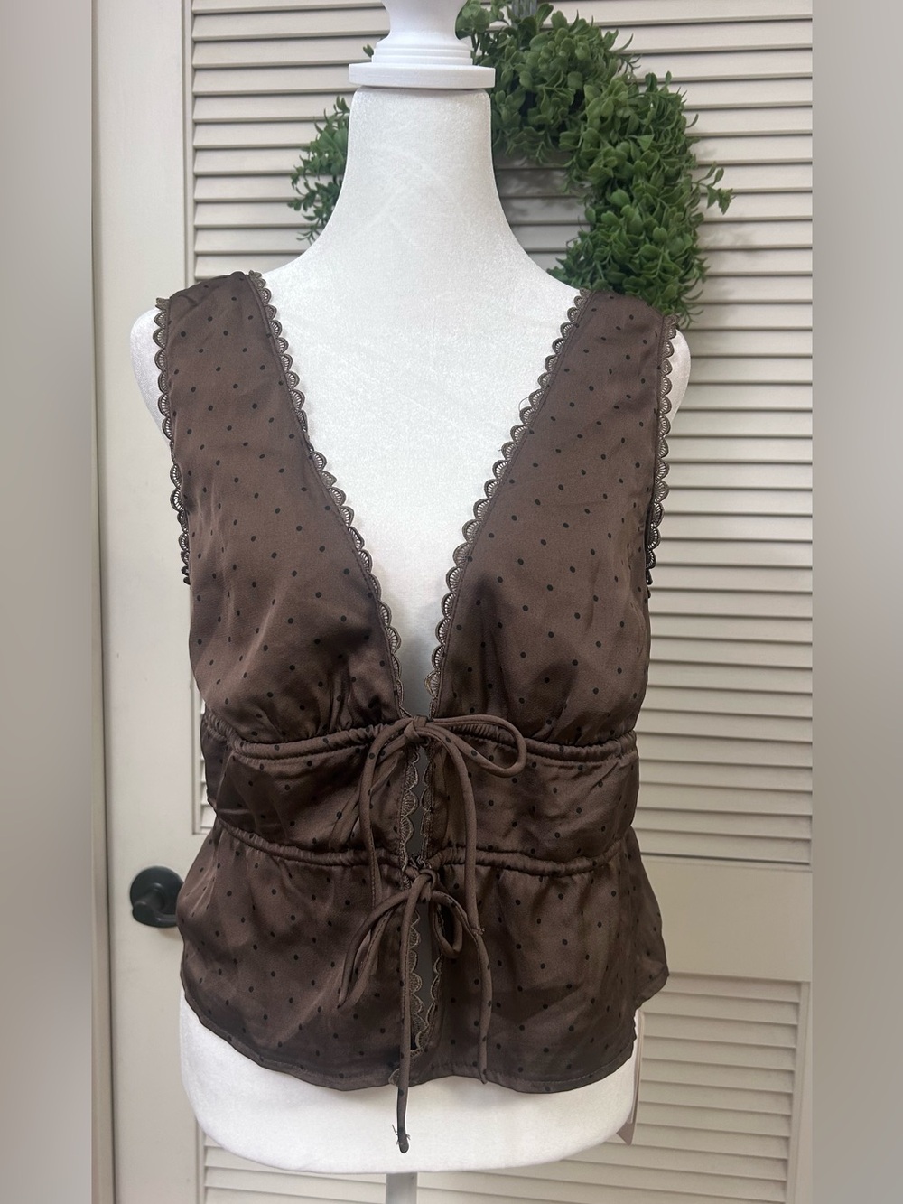 SHEIN Brown Polka Dot Deep V Tie-Front Camisole